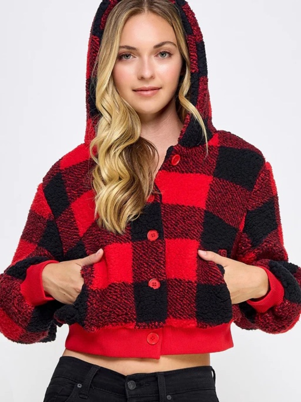 Reflex Red and Black Buffalo Plaid Hooded Jacket